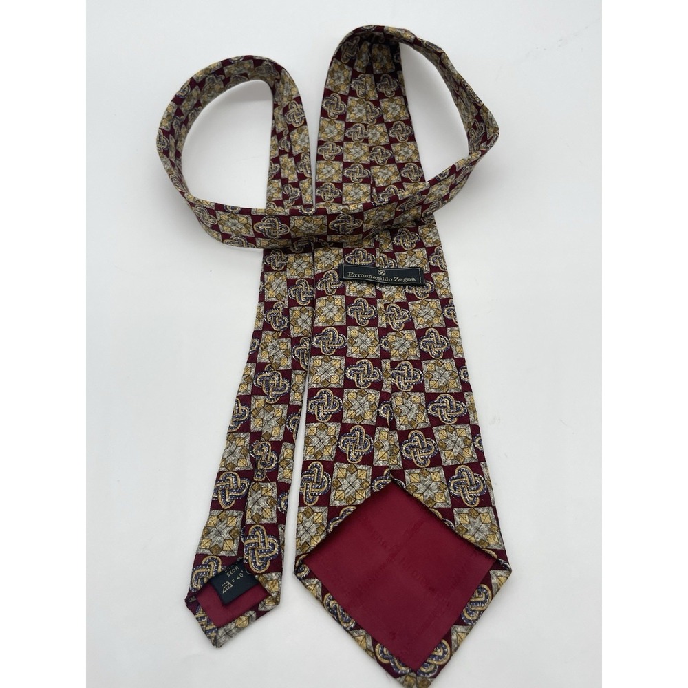 Ermenegildo Zegna Silk Tie Geometric 3.5" Italy Red Gold Blue Designer‎ Preppy